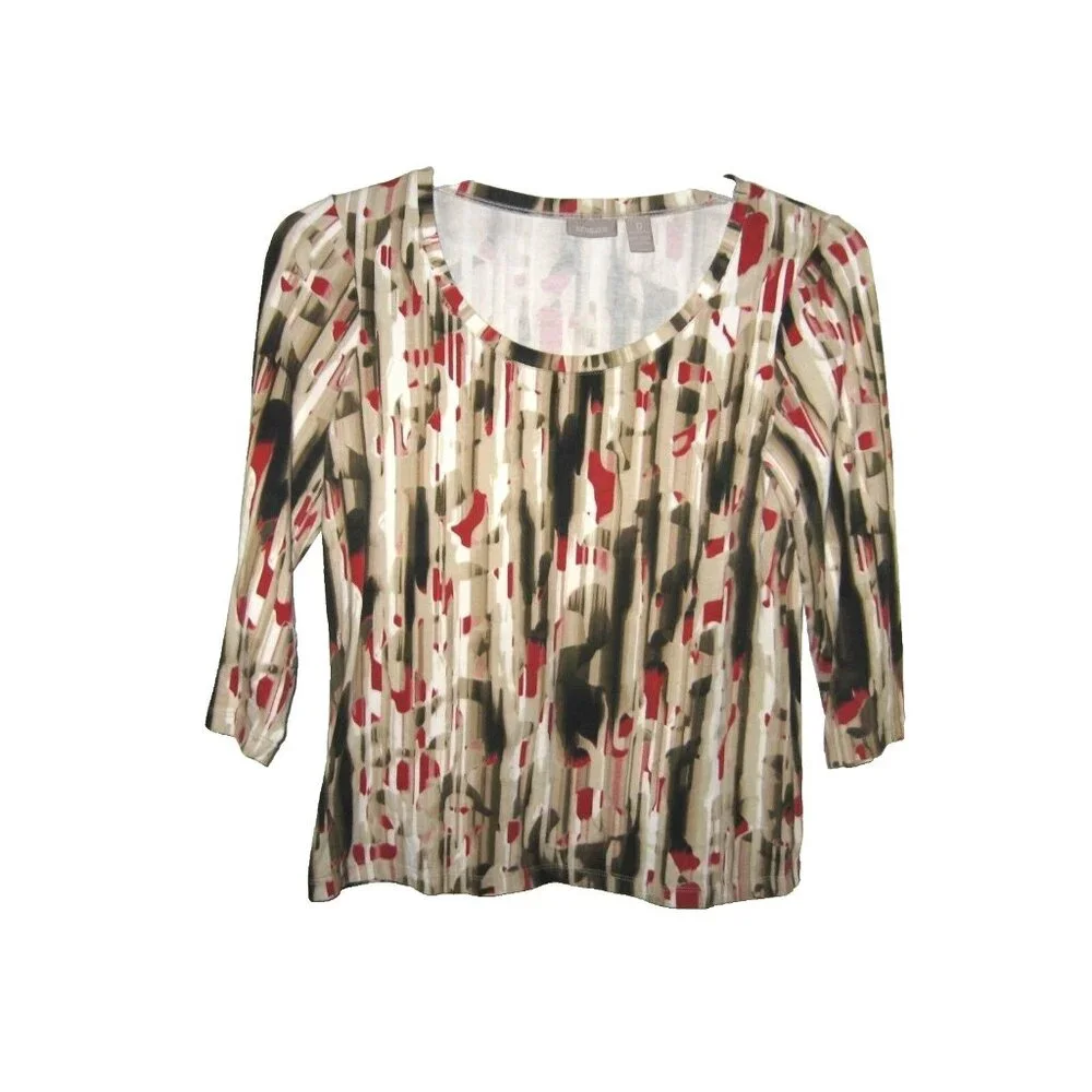 Chico's White Black Red Tan Paint Streaked 3/4 Sleeve Top 0 S 4
